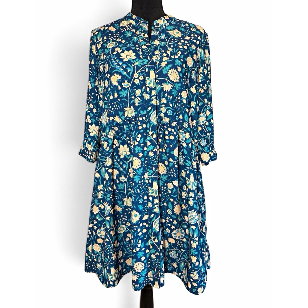 Tuckernuck Dress Womens S Navy Teal Floral 3/4 Sleeve Drop Waist Mini Pockets